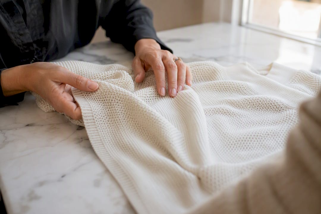 Hands touching dense fine knitwear