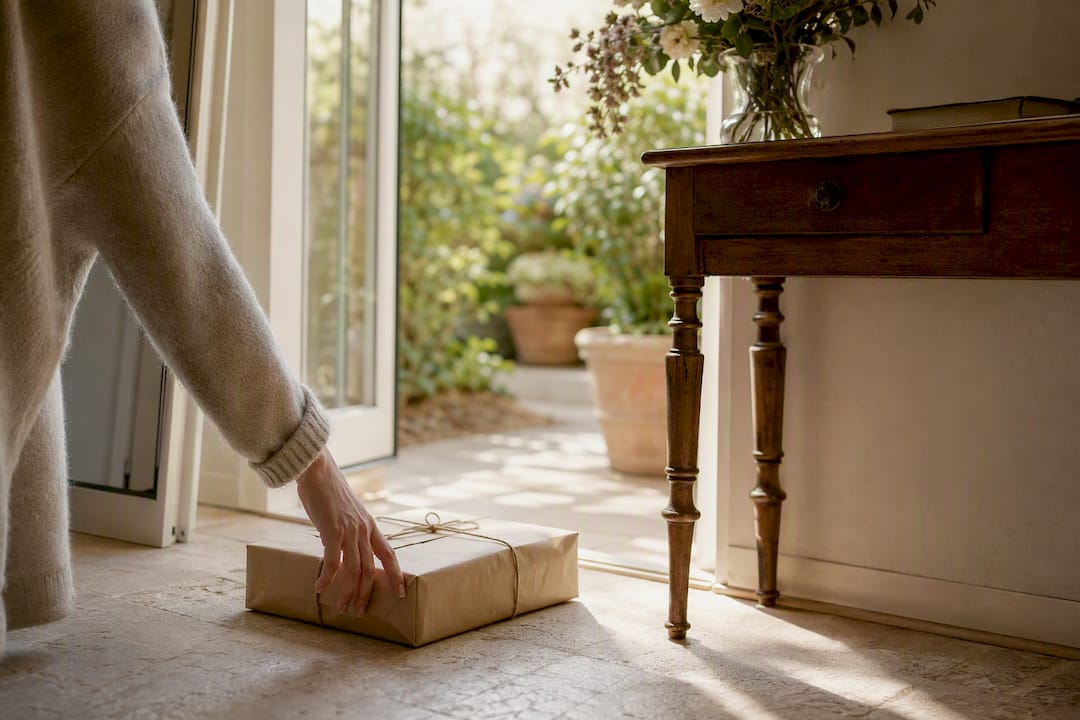 Hand reaching for delivery parcel on mat