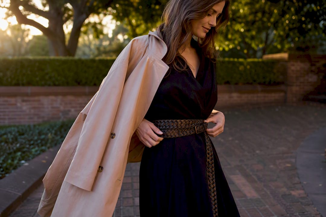 Trench coat with double wrap leather belt detail