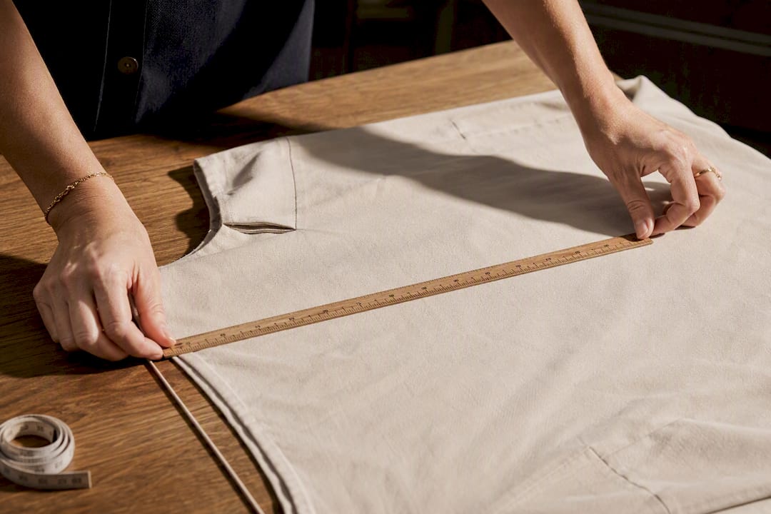 Hands measuring a garment laid flat