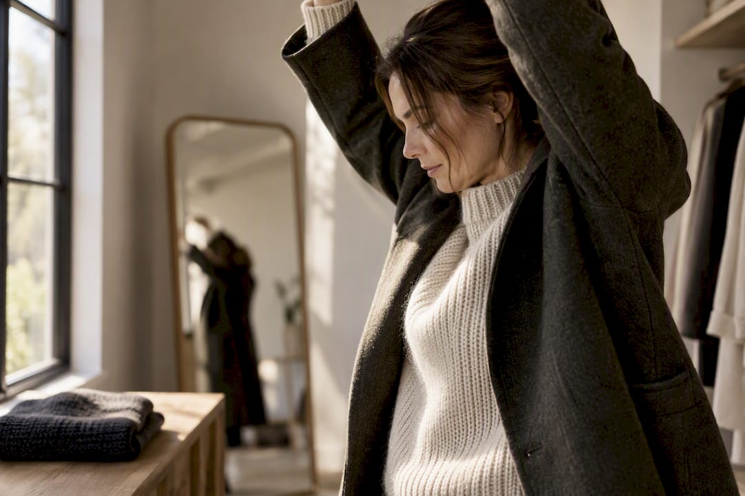 Woman testing coat over chunky knit