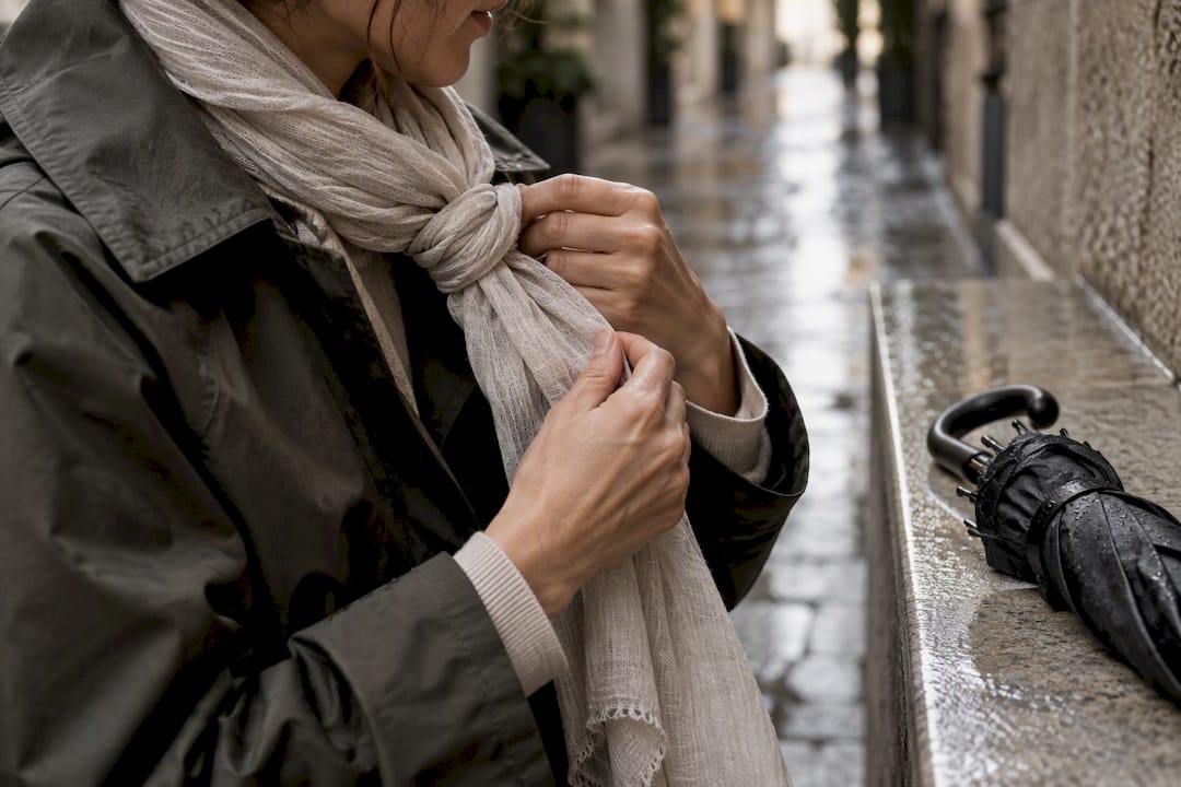 Hands securing scarf against coastal wind