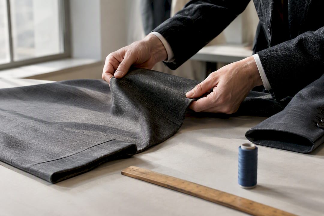 Hands examining durable workwear fabric