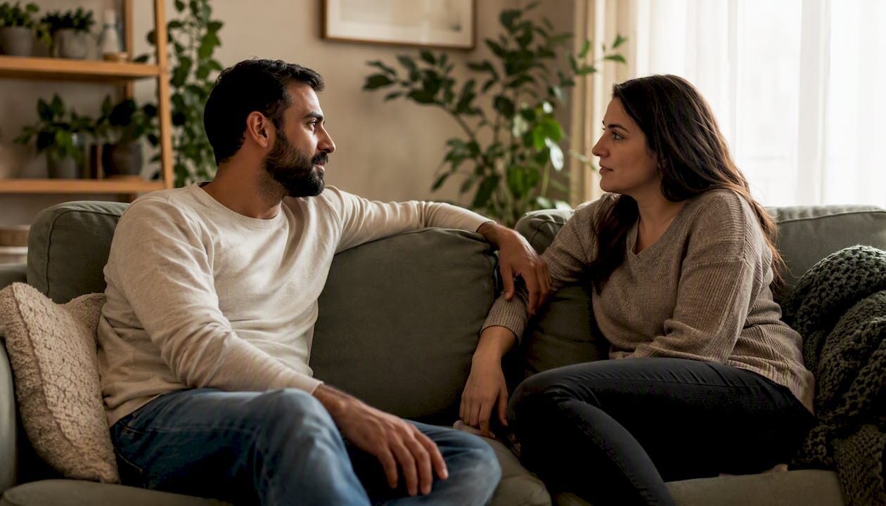 Hands clasped during listening exercise dialogue
