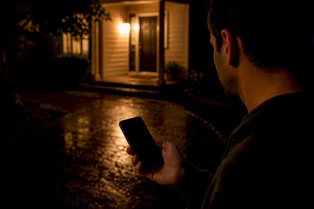 Hand dialing plumber on phone at night