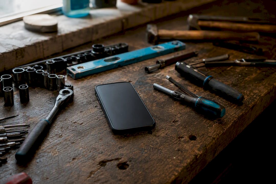 Workbench with trade tools and phone off