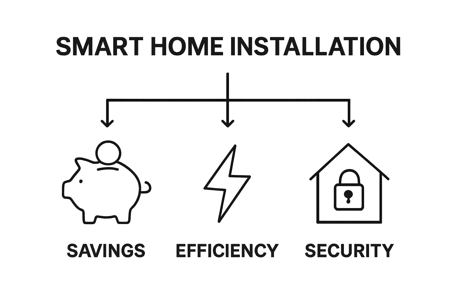 Infographic showing smart home installation benefits: savings, security, efficiency