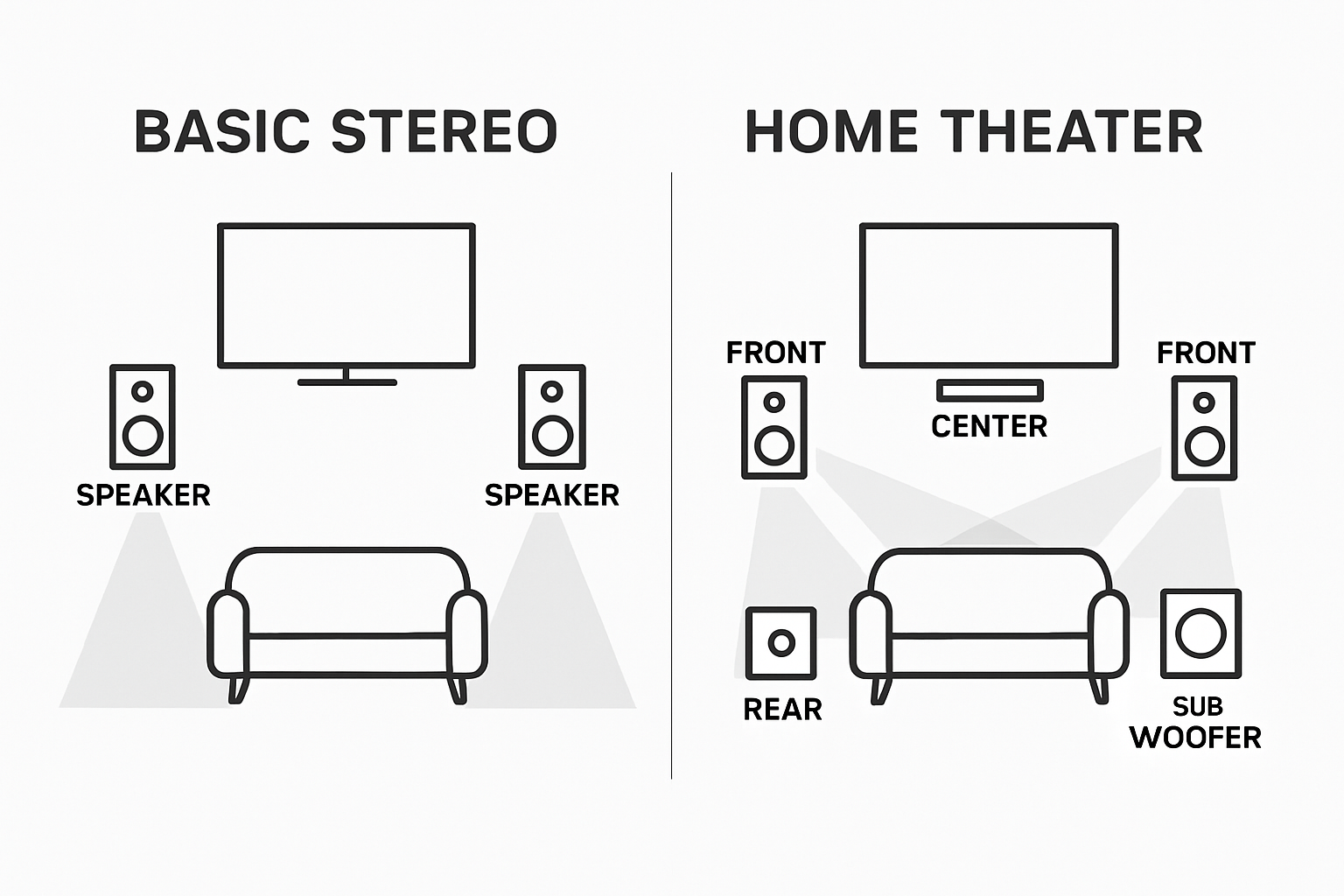 Comparison of traditional stereo and home theater speaker setups