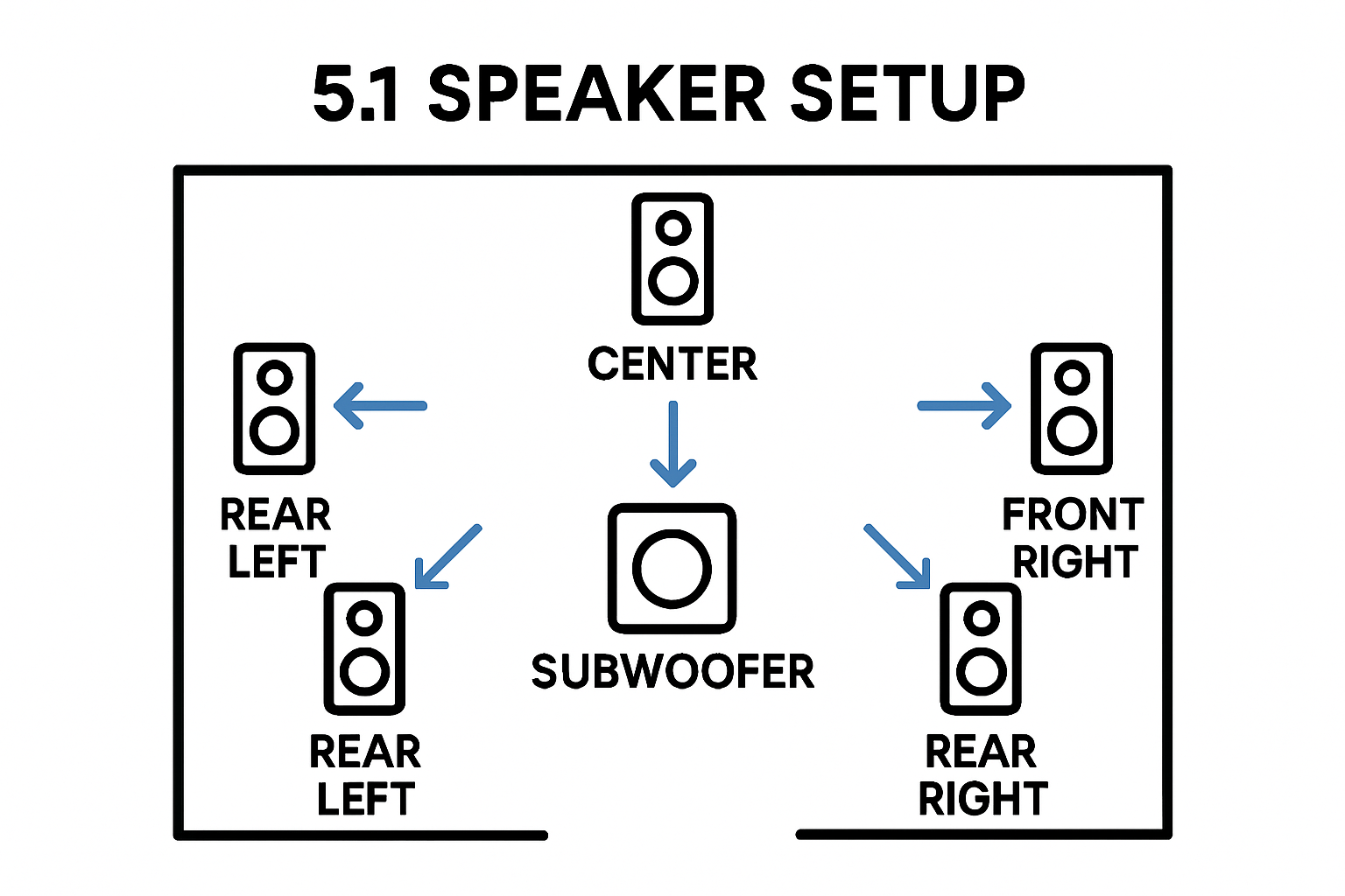 Infographic showing standard 5.1 home theater speaker positions in a living room.