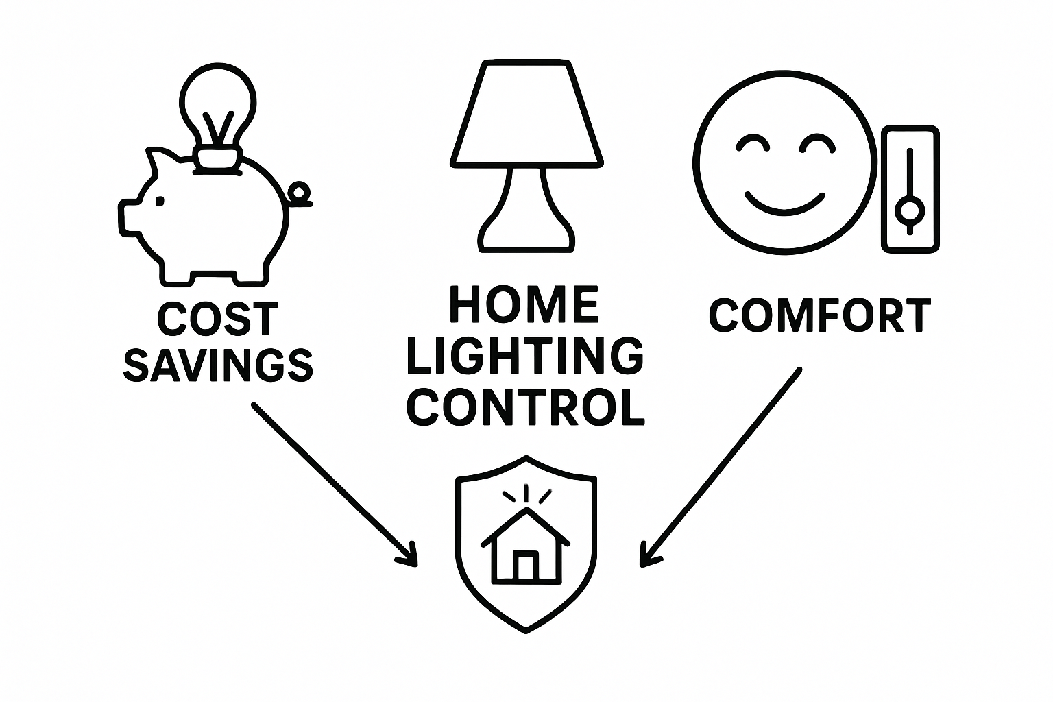 Three icons visually represent cost savings, security, and comfort benefits of home lighting control.