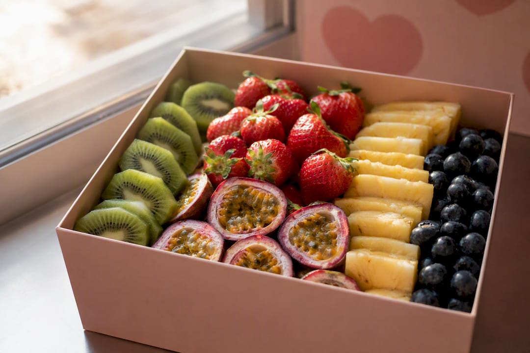 Colorful mixed fruit shapes in gift box
