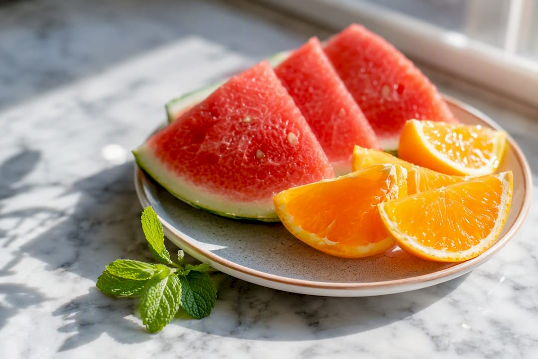 Slices of watermelon and orange on wooden board