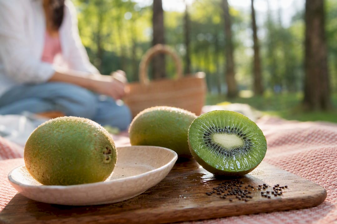 Fresh green kiwifruit cut open overhead view