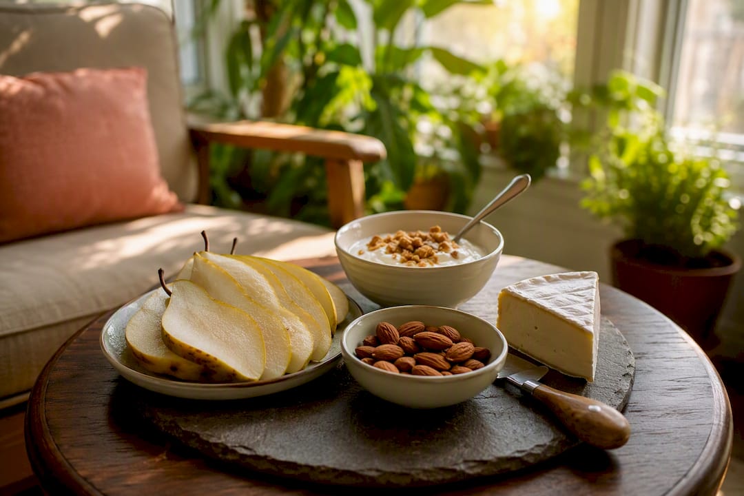 Fresh fruit paired with almonds, yogurt and cheese