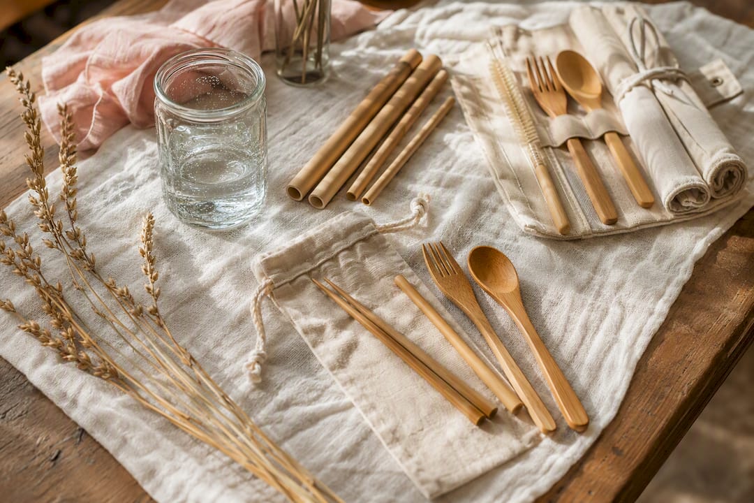 Bamboo, glass, and wheat straw eco gift materials