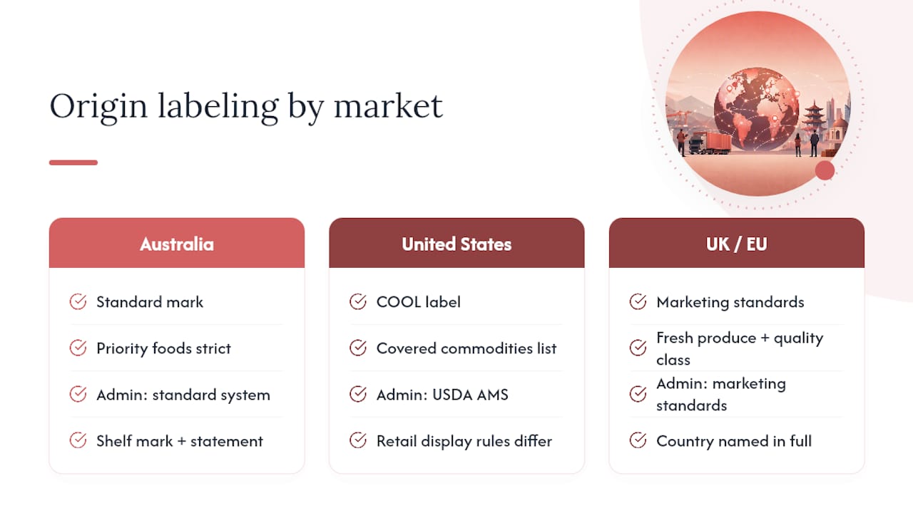 Comparison diagram of country origin label rules in Australia, US, UK/EU