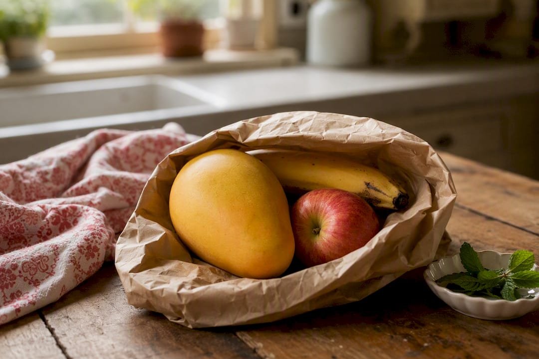 Overhead view of mango and fruits in paper bag
