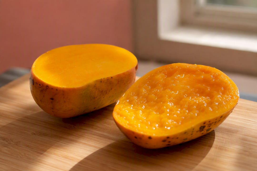 Mango half softened by microwave showing texture