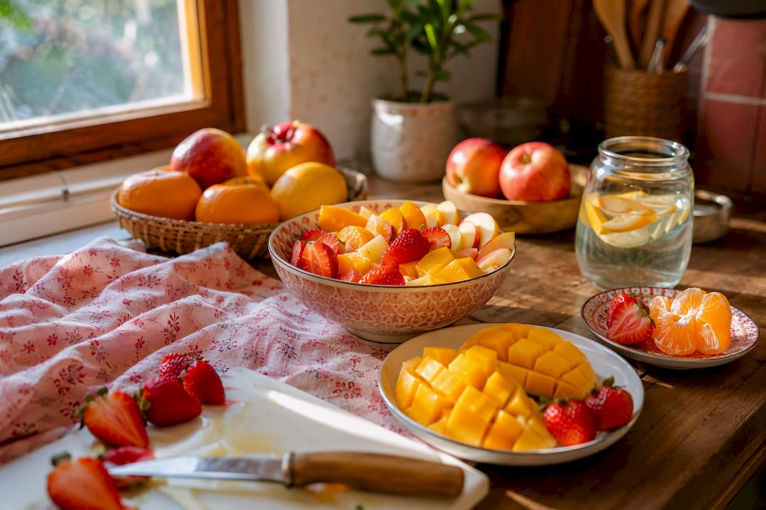 Seasonal fresh fruit spread on kitchen counter