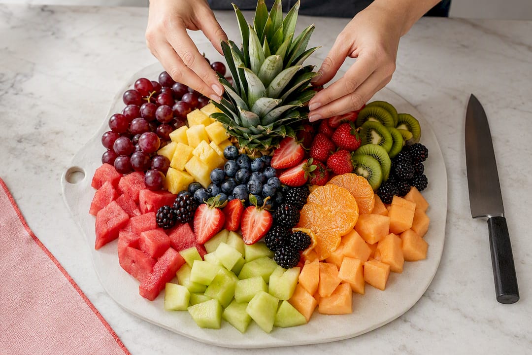 Hands arranging a colorful fruit platter