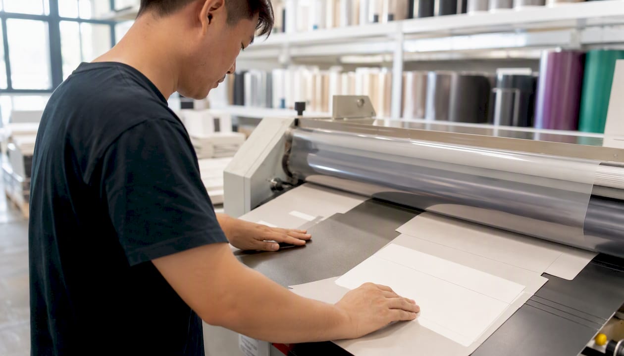 Hands applying soft touch lamination on carton board