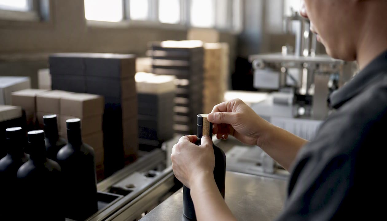Hands applying anti-counterfeit label on bottle