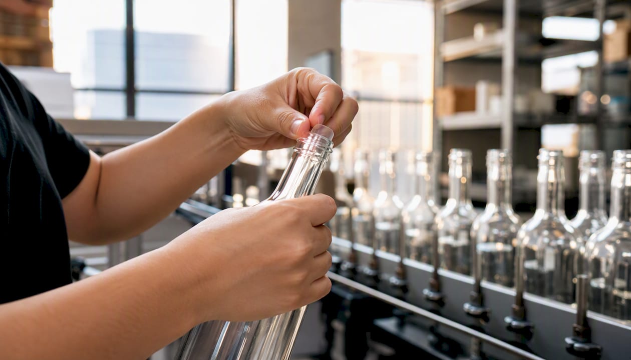 Hands applying tamper-evident shrink band on bottle
