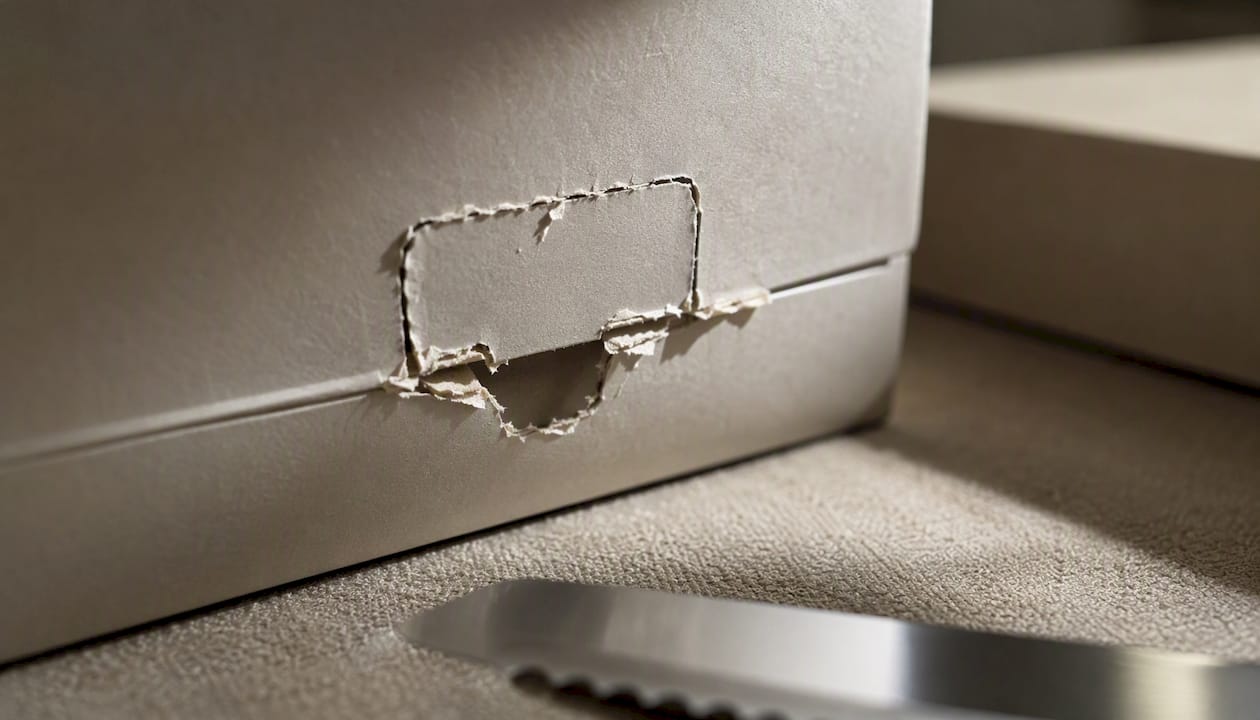 Torn destructible tamper-evident label on carton