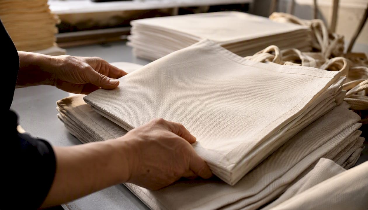 Hands adjusting printed non-woven bag fabric