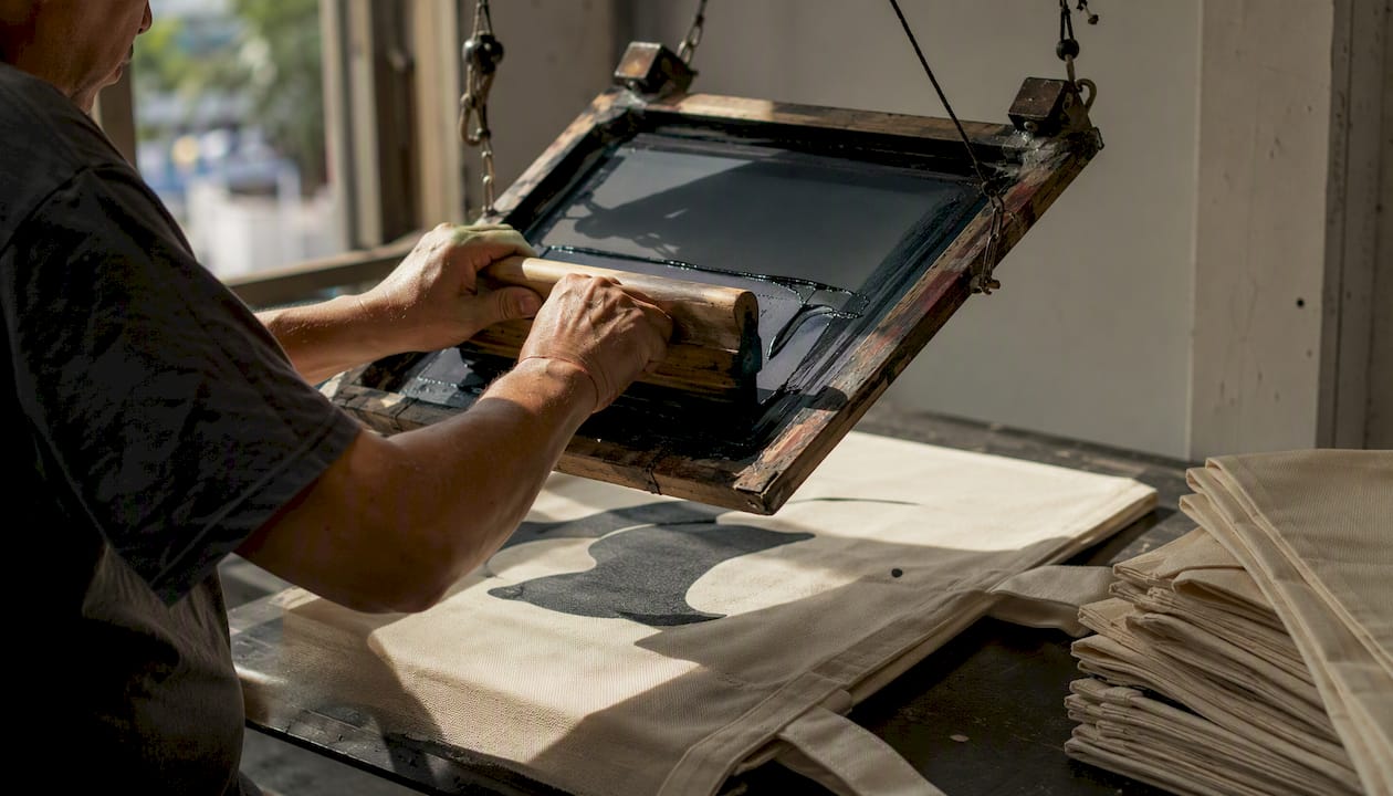 Hands applying screen print on non-woven bag