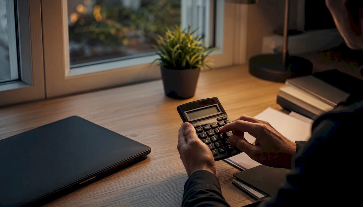 Hands using calculator for trade sizing