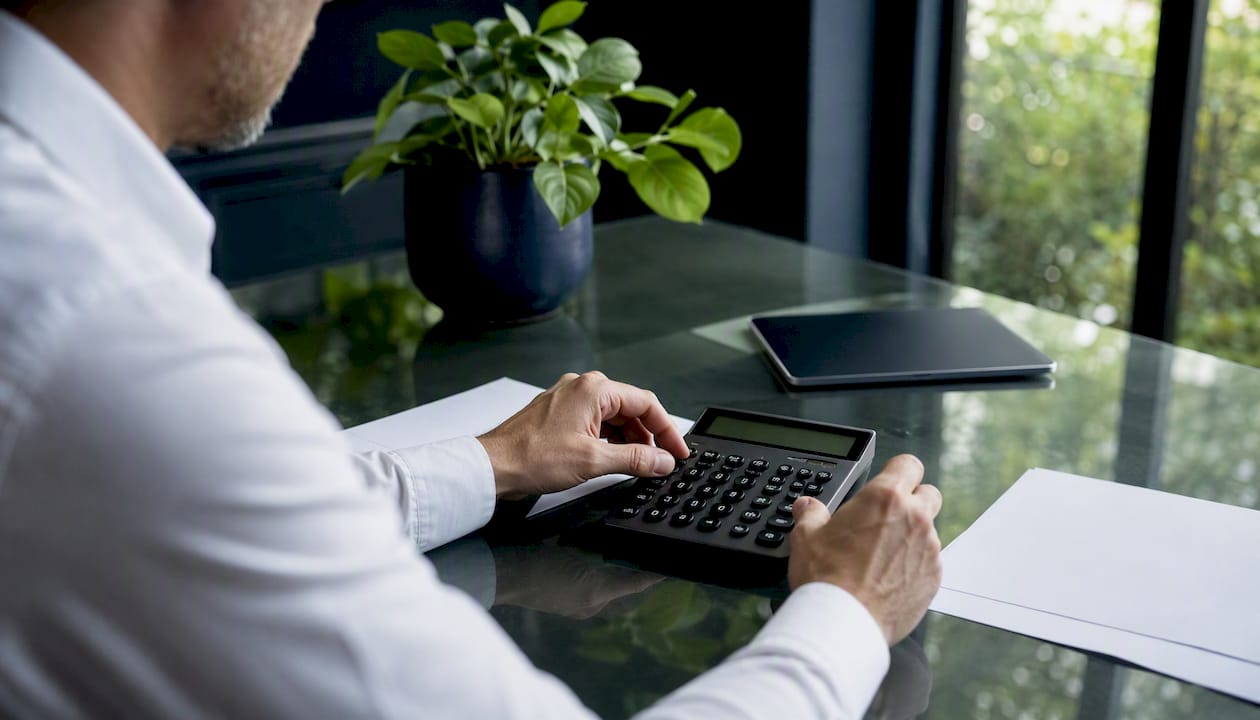 Hands using financial calculator for trend strategy