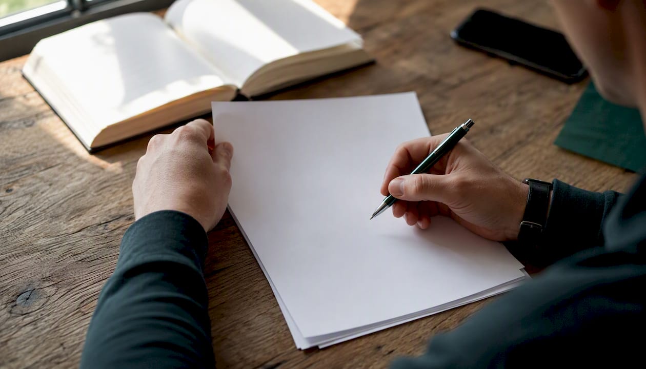 Hands assembling a financial checklist on desk