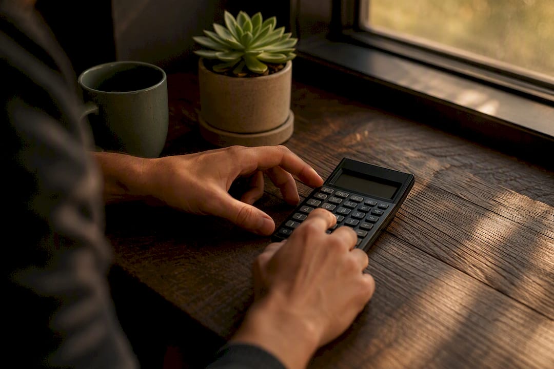 Hands pressing calculator keys