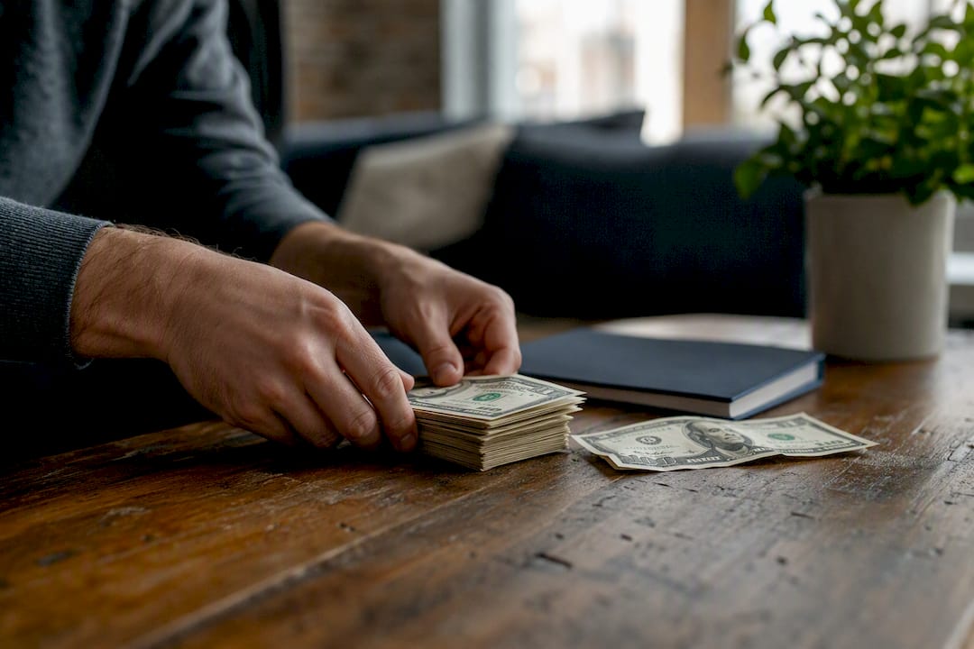 Hands counting cash on desk