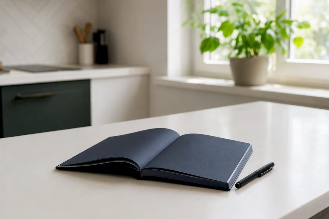 Minimalist journal and pen on desk for risk review