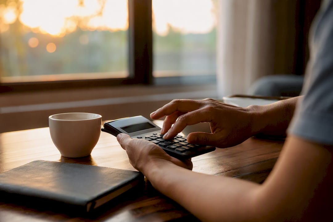 Hands using calculator for fractional share investment