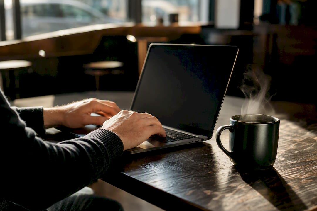Hands entering trade data at desk with coffee