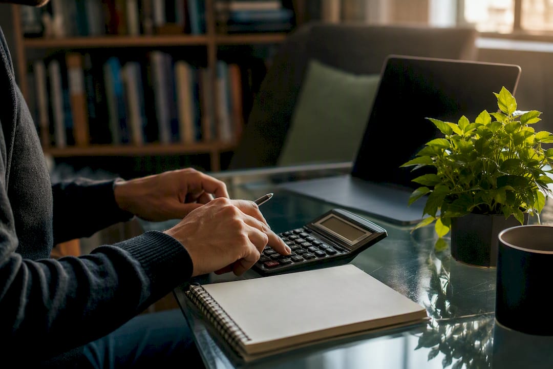 Hands using calculator and notebook at trading desk
