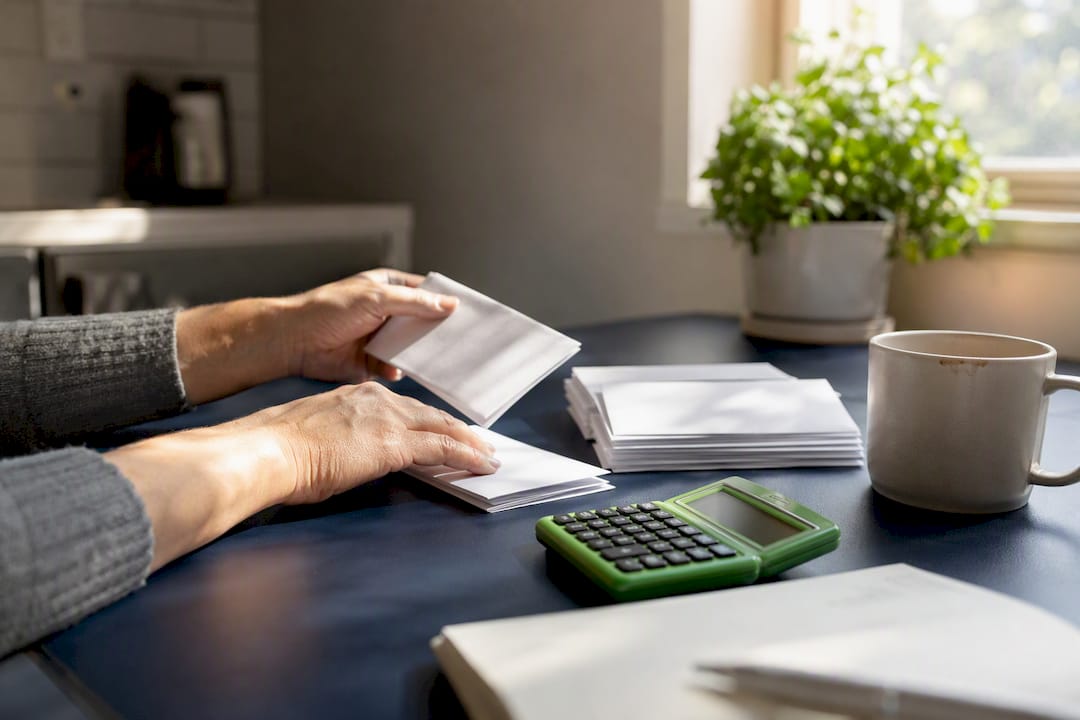 Hands sorting investment papers at desk