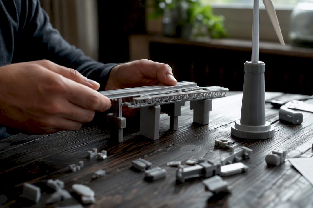 Hands assembling infrastructure model components