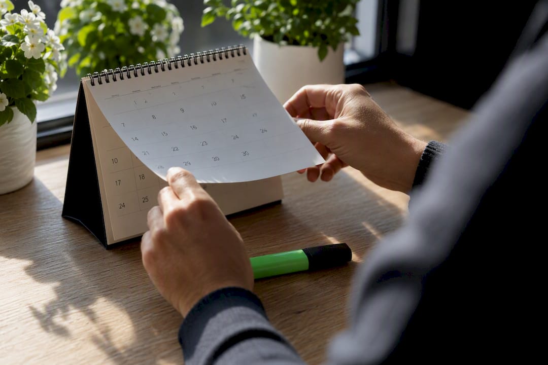 Hands checking calendar for important dates
