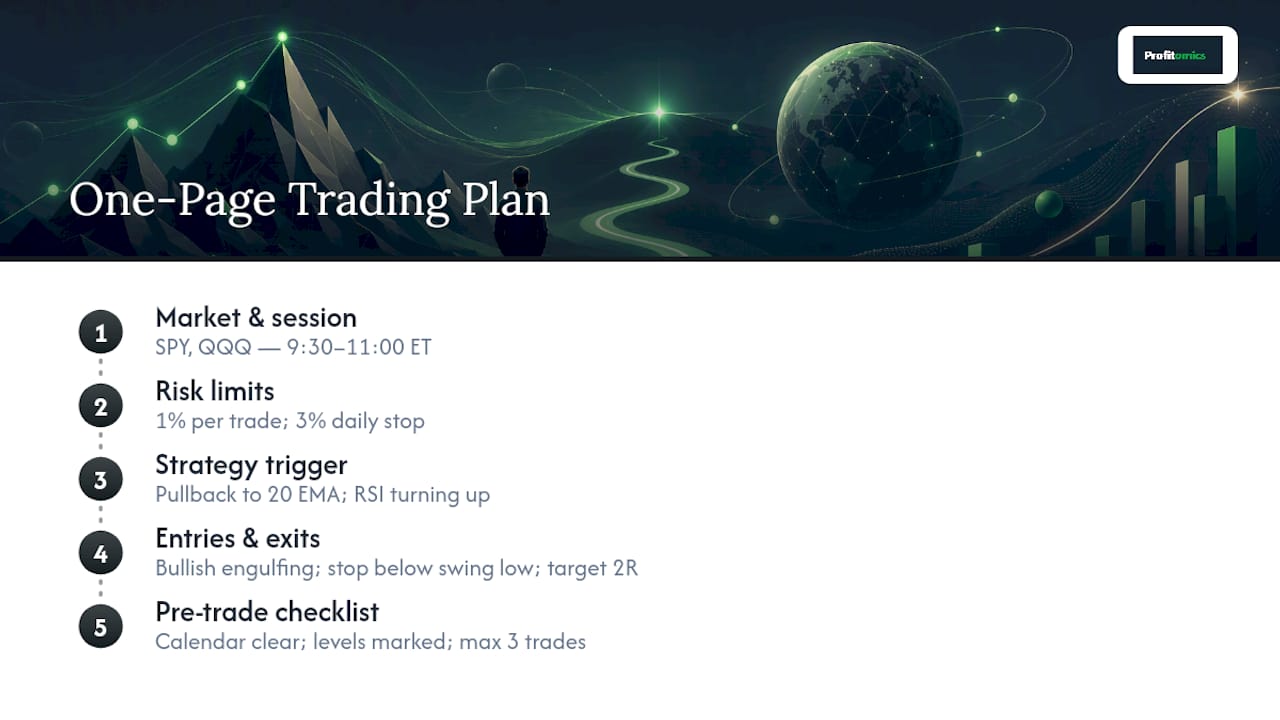 One-page trading plan components and limits