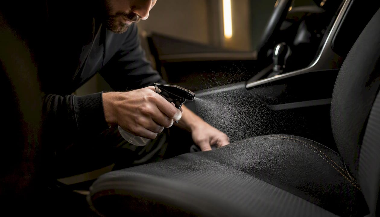 De schoonmaakvloeistof wordt gelijkmatig over de bekleding van de autostoelen gesprayd.