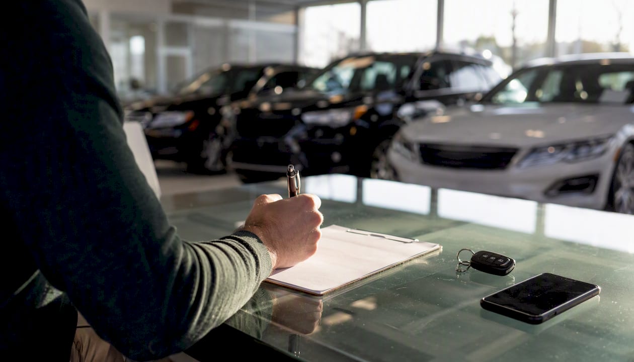 Buyer about to sign car contract at dealership