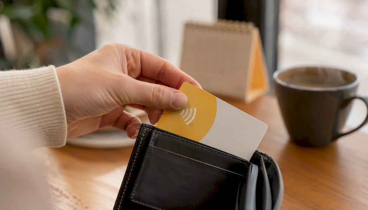 Eine Hand zieht eine NFC-Karte aus dem Portemonnaie.