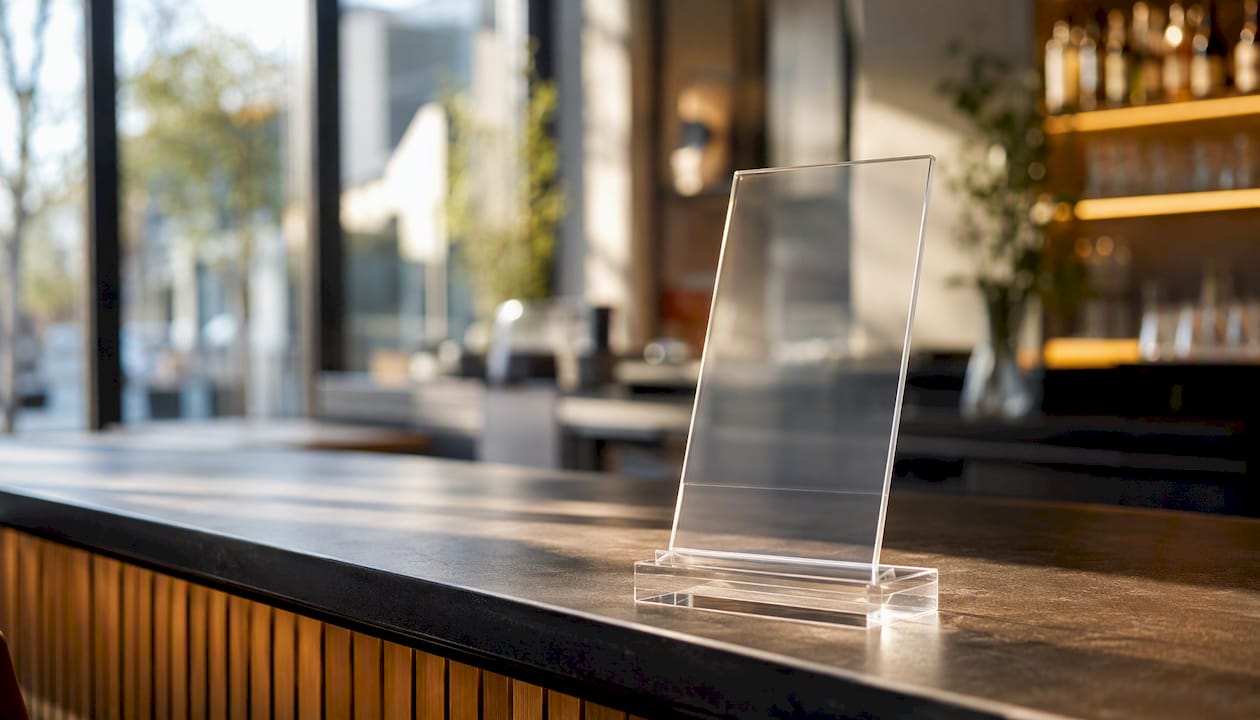 Ein transparenter Acryl-Aufsteller für Bewertungen steht auf einem Tresen aus Holz.