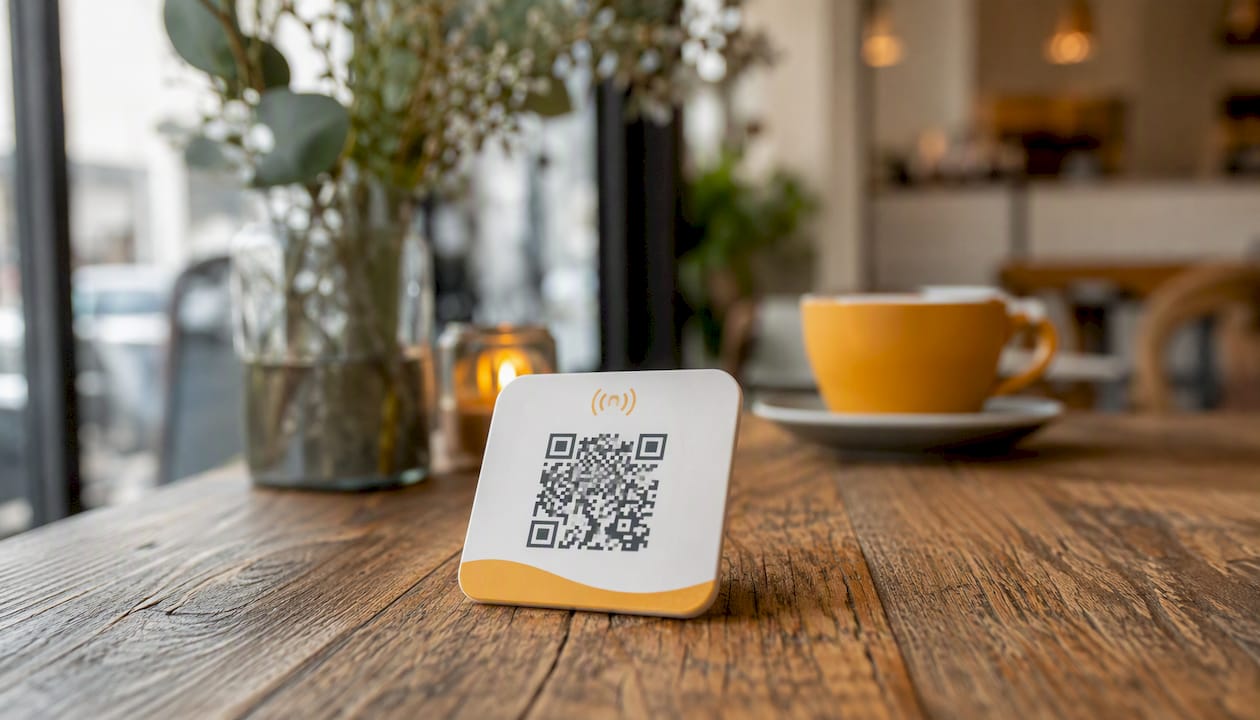 Auf dem Tisch sind ein NFC-Tag und ein QR-Code sichtbar angebracht.