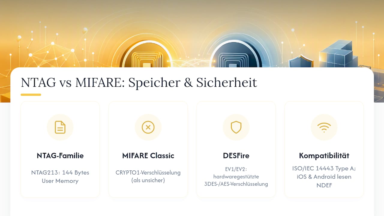 Übersichtsgrafik: NFC-Tags im Vergleich – Speichergröße, Sicherheitsmerkmale und Kompatibilität auf einen Blick