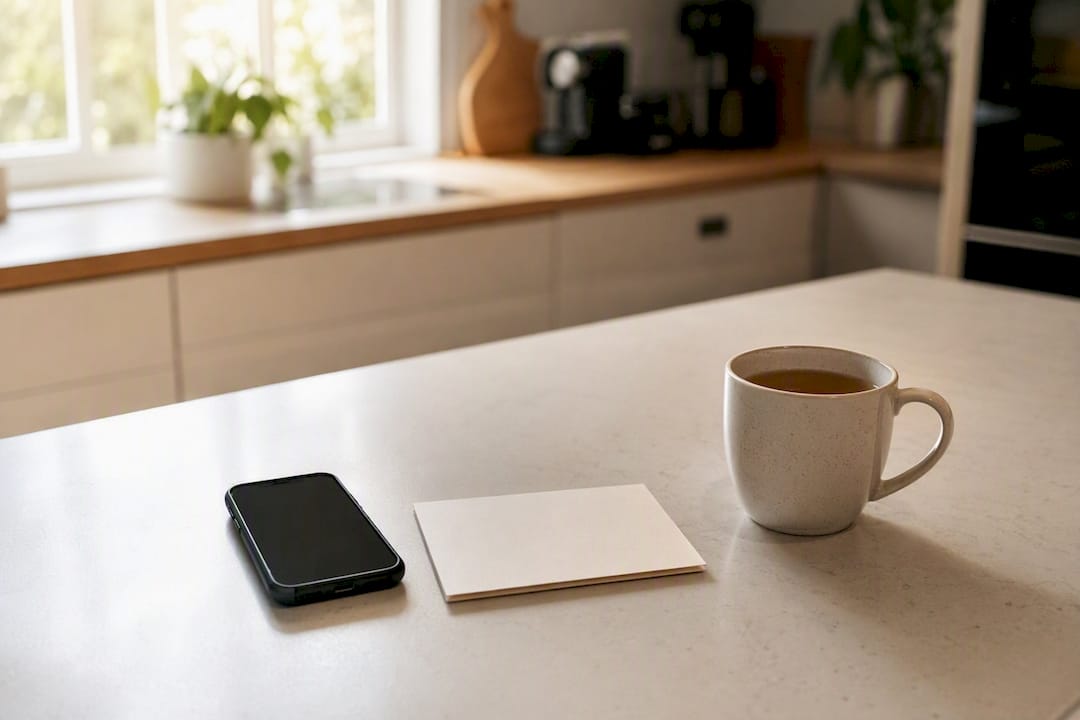 Arbeitsplatz mit Handy und Kaffeetasse